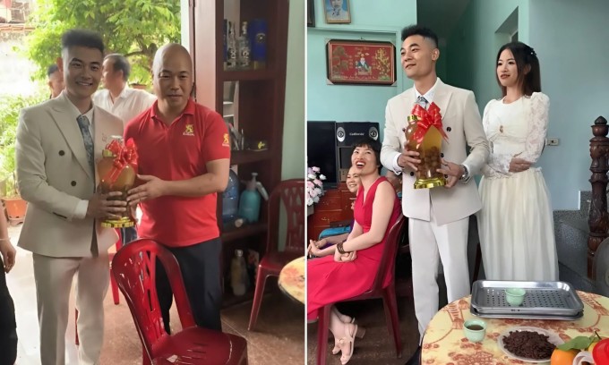 Khoảnh khắc chàng trai tặng bố vợ tương lai bình rượu mơ ở lễ dạm ngõ. Ảnh chụp màn hình