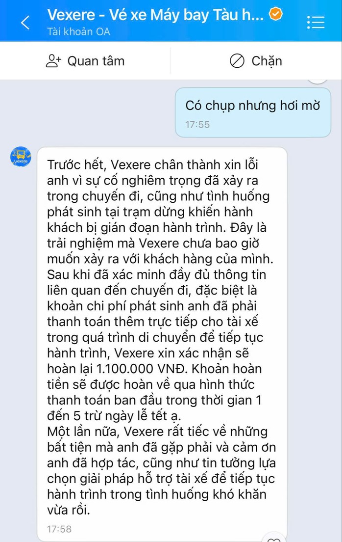 Một thông báo phản hồi của Vexere cho hành khách