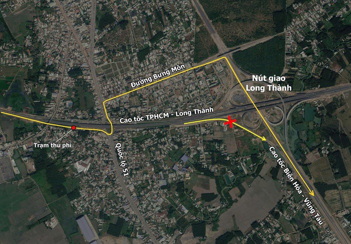 Lộ trình di chuyển vào đừng Bưng Môn để tiếp cận cao tốc Biên Hòa - Vũng Tàu hướng từ Đồng Nai