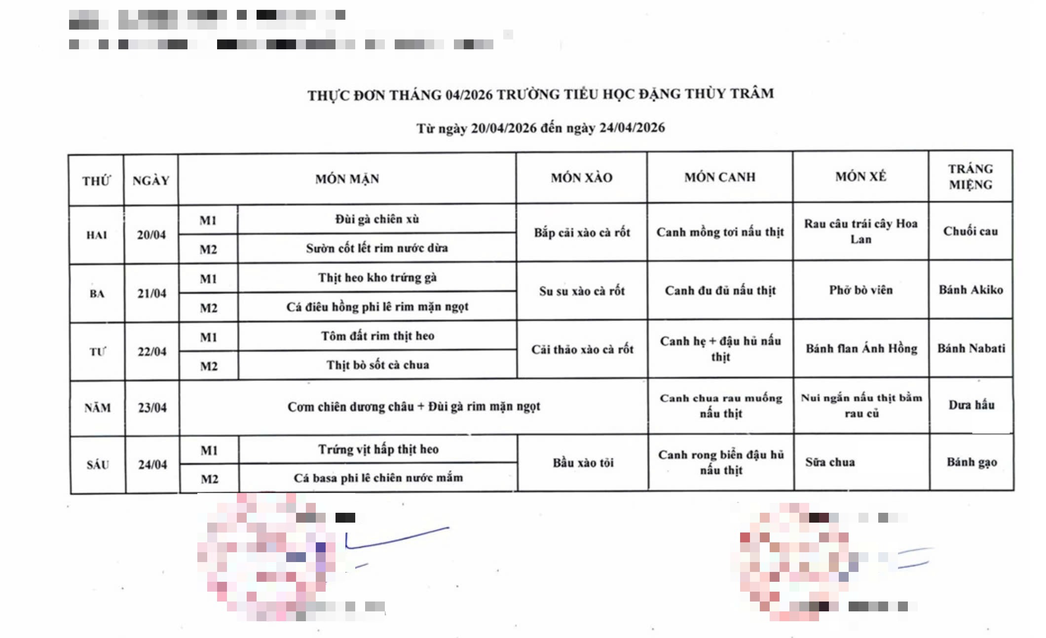 Thực đơn bữa ăn trong tuần tại Trường Tiểu học Đặng Thuỳ Trâm