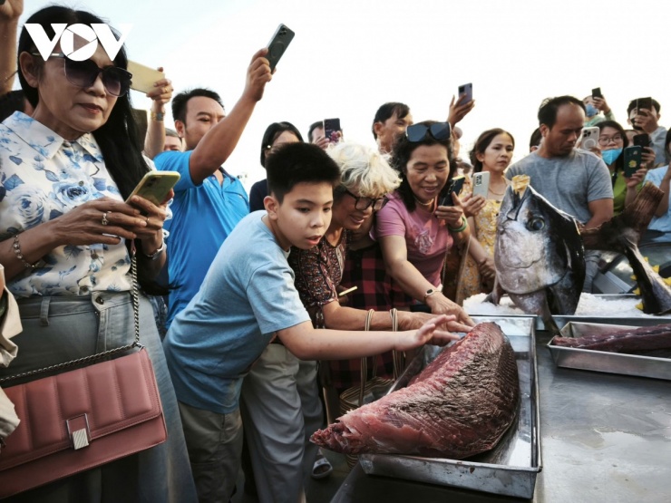 Những tảng thịt cá tươi rói lộ ra; nhiều du khách không giấu được tò mò khi chạm tay, cảm nhận độ săn chắc – “hơi thở” của biển cả còn đọng lại.