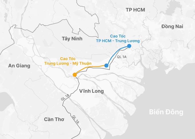 Hướng tuyến cao tốc TP HCM - Trung Lương - Mỹ Thuận. Đồ họa: Hoàng Thanh