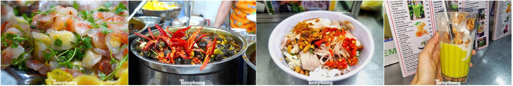 Trong chợ rất nhiều món ăn hấp dẫn, đặc trưng của miền Trung như bánh lọc, ốc hút, bún mắm, thịt heo cuốn bánh tráng, mì Quảng, kem bơ...