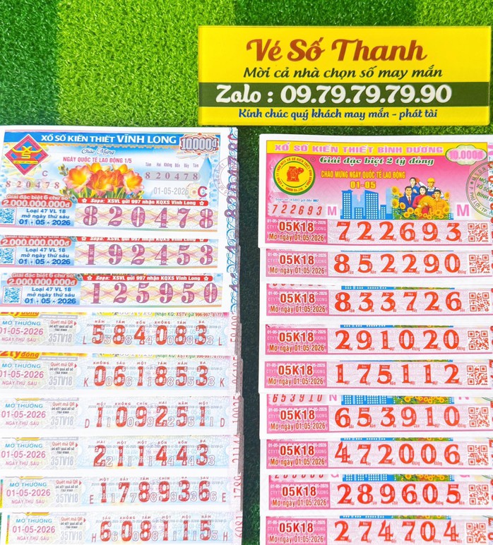 Xổ số miền Nam ngày 1-5 sẽ mở thưởng đối với vé số của 3 đài là Vĩnh Long, Trà Vinh và Bình Dương. Ảnh: ĐLVS Thanh