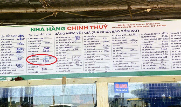 Bảng giá đã được nhà hàng niêm yết công khai