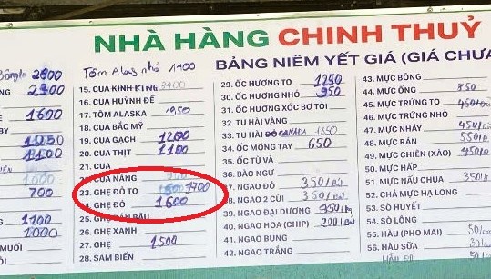 Nhà hàng Chính Thủy niêm yết công khai giá bán