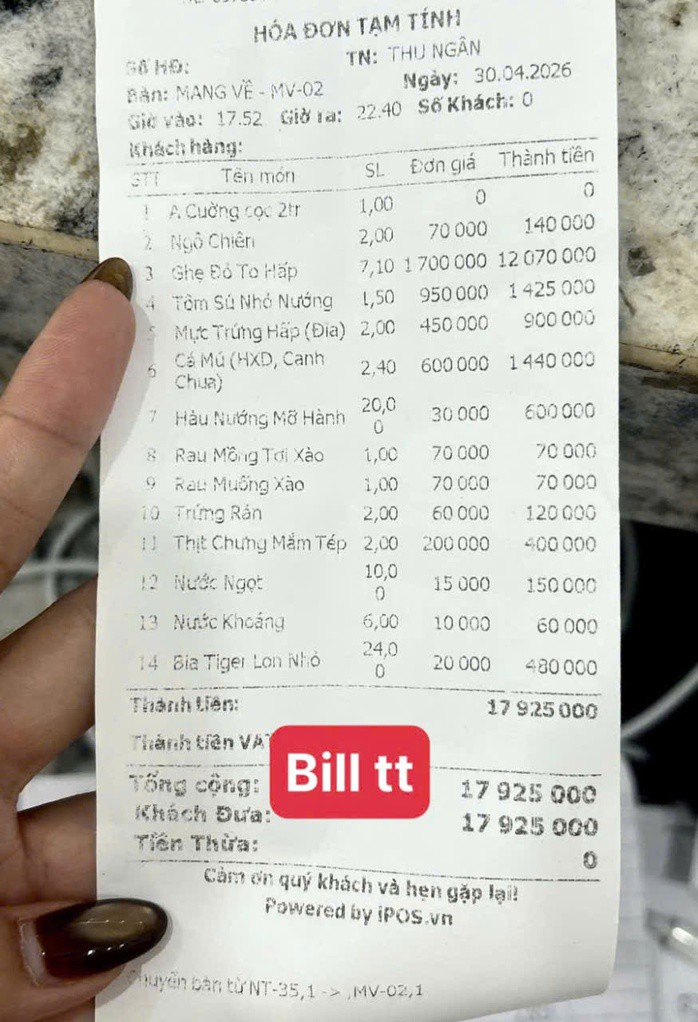 Hóa đơn lan truyền trên mạng xã hội về một bữa ăn gần 18 triệu đồng cho một đoàn khách 24 người ở Sầm Sơn