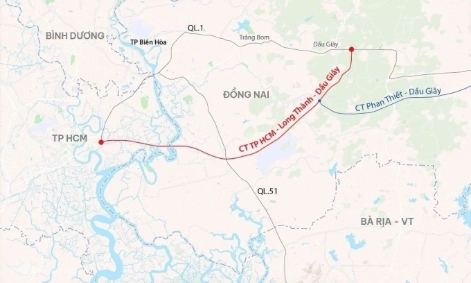 Hướng tuyến cao tốc TP HCM - Long Thành - Dầu Giây. Đồ họa: Khánh Hoàng