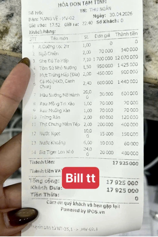 Hóa đơn lan truyền trên mạng xã hội về một bữa ăn gần 18 triệu đồng cho một đoàn khách ở Sầm Sơn. Ảnh: NLĐO