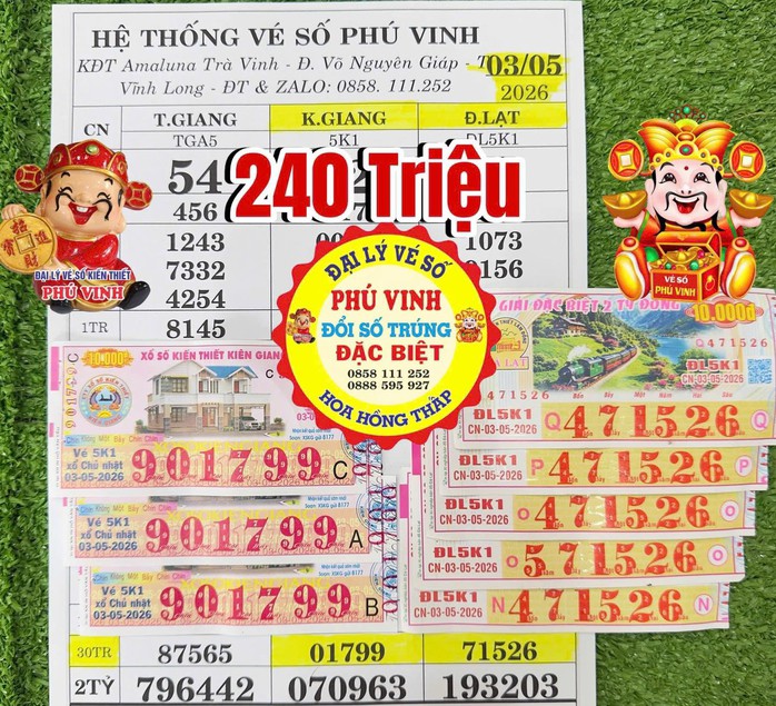 Giải nhất của vé số Kiên Giang và giải nhất của vé số Đà Lạt cùng trúng tại tỉnh Vĩnh Long. Ảnh: ĐLVS Phú Vinh