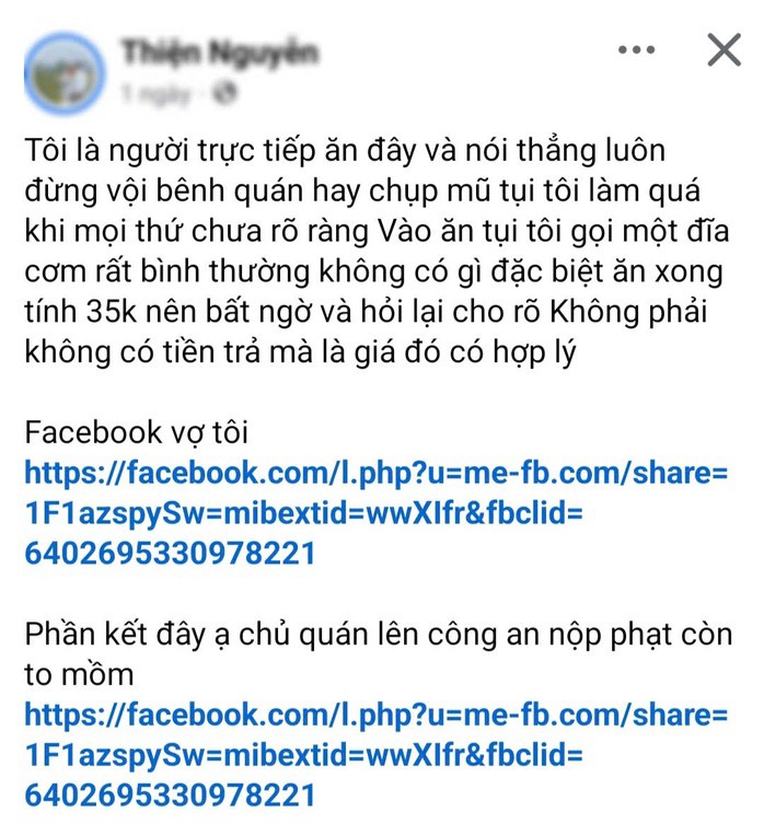 Tài khoản T.N. với bài đăng chứa thông tin chủ quán cơm 35.000 đồng “lên công an đóng phạt”