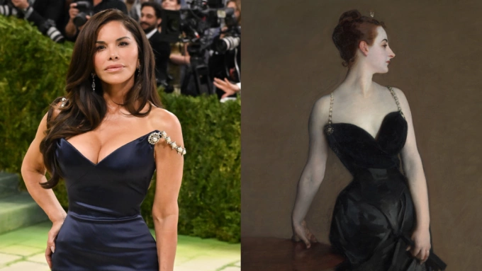 Lauren Sanchez diện váy Schiaparelli màu xanh navy lấy cảm hứng từ bức tranh Madame X.