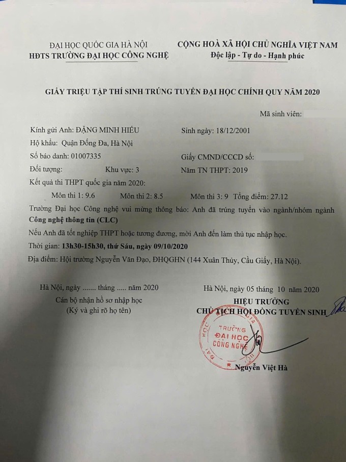 Năm 2020, điểm thi Toán của Hiếu đạt 9.6. Ảnh: NVCC