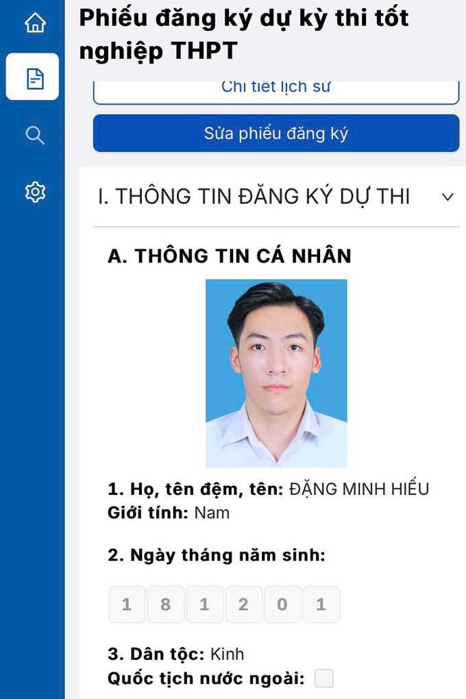 Phiếu dự thi tốt nghiệp THPTQG năm 2026 của Minh Hiếu. Ảnh: NVCC