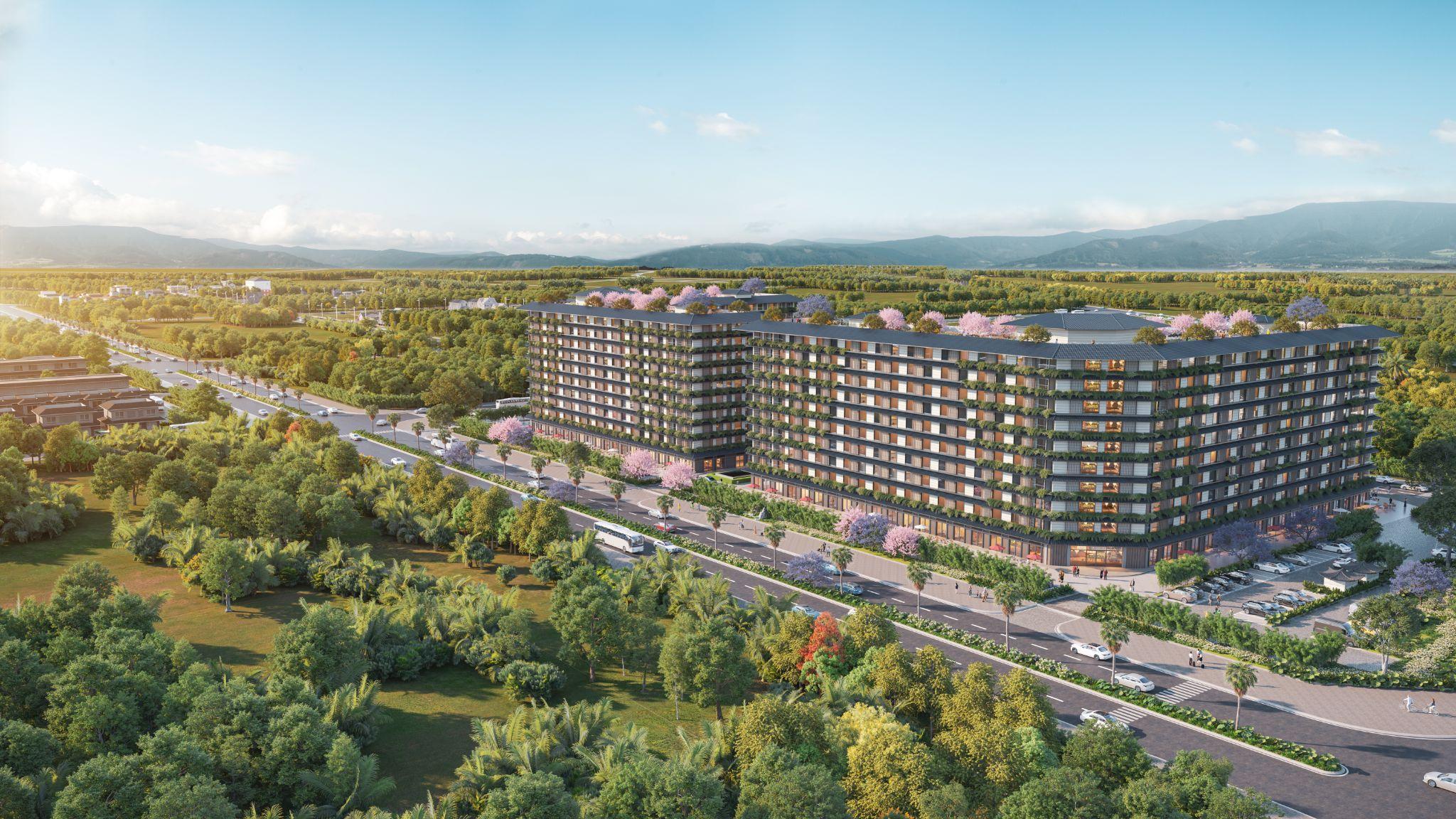 Phối cảnh tràn ngập cây xanh của Lynn Times Onsen Retreat Nam Hà Nội
