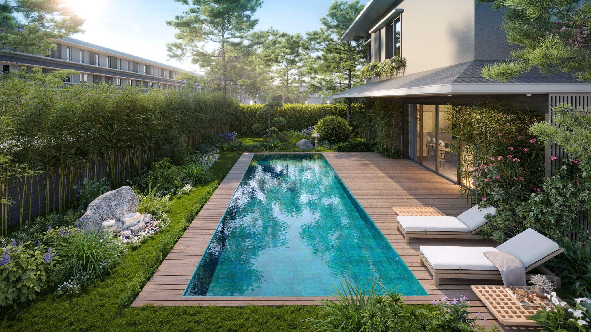 Lối thiết kế mở, đón nắng gió tự nhiên cùng bể bơi onsen riêng tại các villa tạo ra khoảng cách xanh tư mật tuyệt đối.