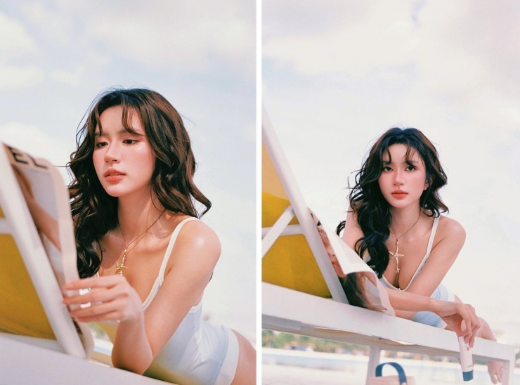 Trong bộ ảnh, Ngọc Huyền lựa chọn thiết kế áo tắm một mảnh màu trắng không cầu kỳ vẫn làm nổi bật đường cơ thể vô cùng cân đối.