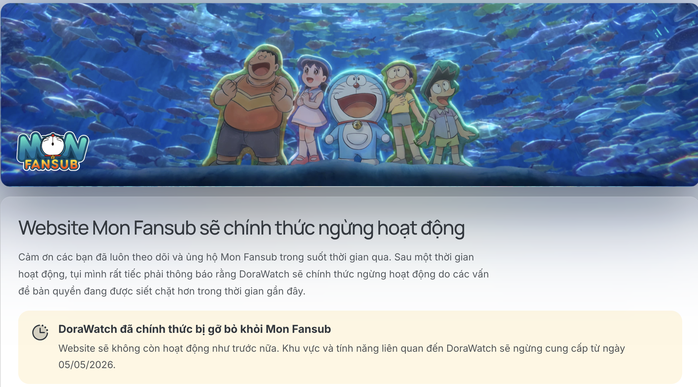 Website Mon Fansub chính thức ngừng họat động từ 5-5