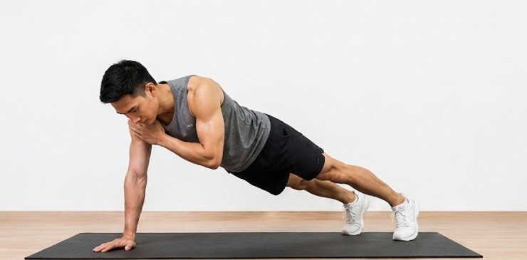 Plank chạm vai giúp kích hoạt đồng thời cơ bụng, vai và cơ ổn định cột sống.