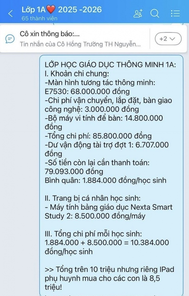 Thông báo các khoản chi phí lớp học thông minh lớp 1A Trường Tiểu học Nguyễn Du. Ảnh: Phụ huynh cung cấp