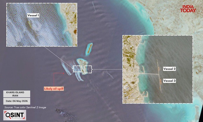 Hình ảnh từ vệ tinh Sentinel-2 của Cơ quan Vũ trụ châu Âu (ESA) cho thấy các vệt dầu loang tạo thành một mảng lớn ngoài khơi đảo Kharg, trong khi một số tàu chở dầu được nhìn thấy gần đó - Ảnh: ESA/INDIA TODAY