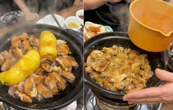 Chu Thanh Huyền được trải nghiệm hai kiểu, bao gồm lẩu khô là gà đã chín đảo cho quyện với cơm sầu riêng trên bếp than nóng và lẩu nước.