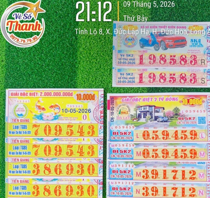 Xổ số miền Nam ngày 10-5 sẽ mở thưởng đối với vé số của 3 đài là Kiên Giang, Tiền Giang và Đà Lạt. Ảnh: ĐLVS Thanh