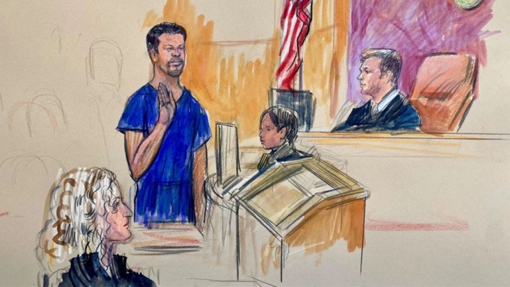Ảnh vẽ cảnh nghi phạm Cole Allen xuất hiện trước tòa án liên bang ở Washington, D.C. (Ảnh: Dana Verkouteren/THE TELEGRAPH)