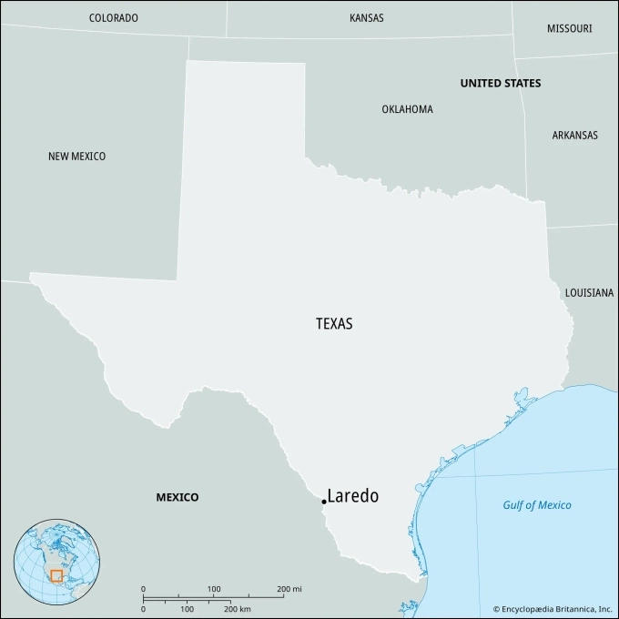Vị trí thành phố Laredo của bang Texas. Đồ họa: Britannica