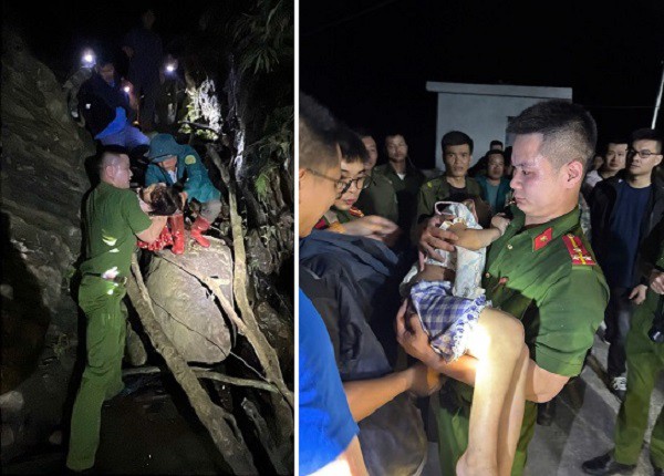 Đến khoảng 21h30 cùng ngày, lực lượng chức năng đã phát hiện cháu D. đang nằm bất tỉnh tại một khe thác suối sâu gần 10 mét. Ảnh: Công an tỉnh Lạng Sơn