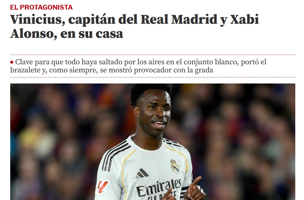 Mundo Deportivo giễu cợt việc Vinicius được làm đội trưởng Real Madrid dù trận El Clasico lượt đi đã vùng vằng với HLV Xabi Alonso