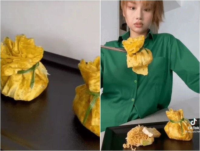 Nhưng khi Miu Lê dùng đũa nhấc lên thì lớp trứng bên ngoài bị rách, khiến mì rơi ra. Không nên tráng trứng mỏng và không đều có thể làm trứng bị bục.