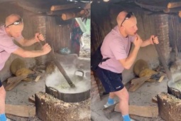 Khách Tây nấu cám lợn ở Hà Giang, vừa khuấy vừa nếm thử khiến dân mạng cười bò