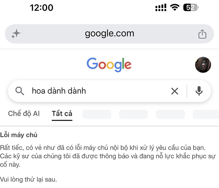 Thông báo người dùng nhận được khi tìm kiếm Google vào giữa buổi trưa ngày 12/5.