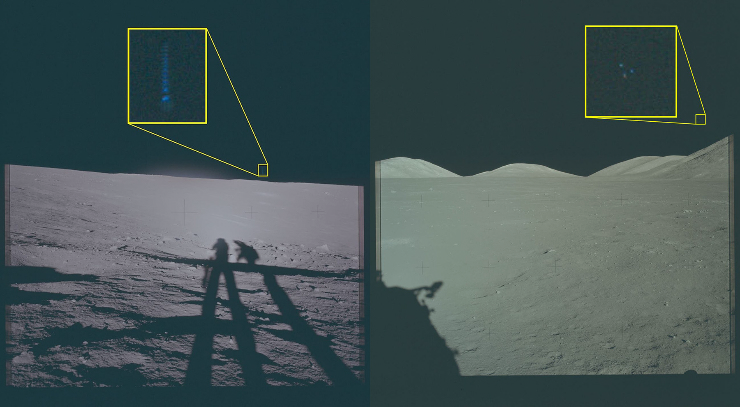UFO nhìn từ bề mặt Mặt Trăng trong nhiệm vụ Apollo 12 (trái) và Apollo 17 (phải). Ảnh: Bộ Quốc phòng Mỹ.