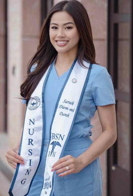 Sarah Danh hiện là y tá khoa Sản. Ảnh: Facebook Le Le