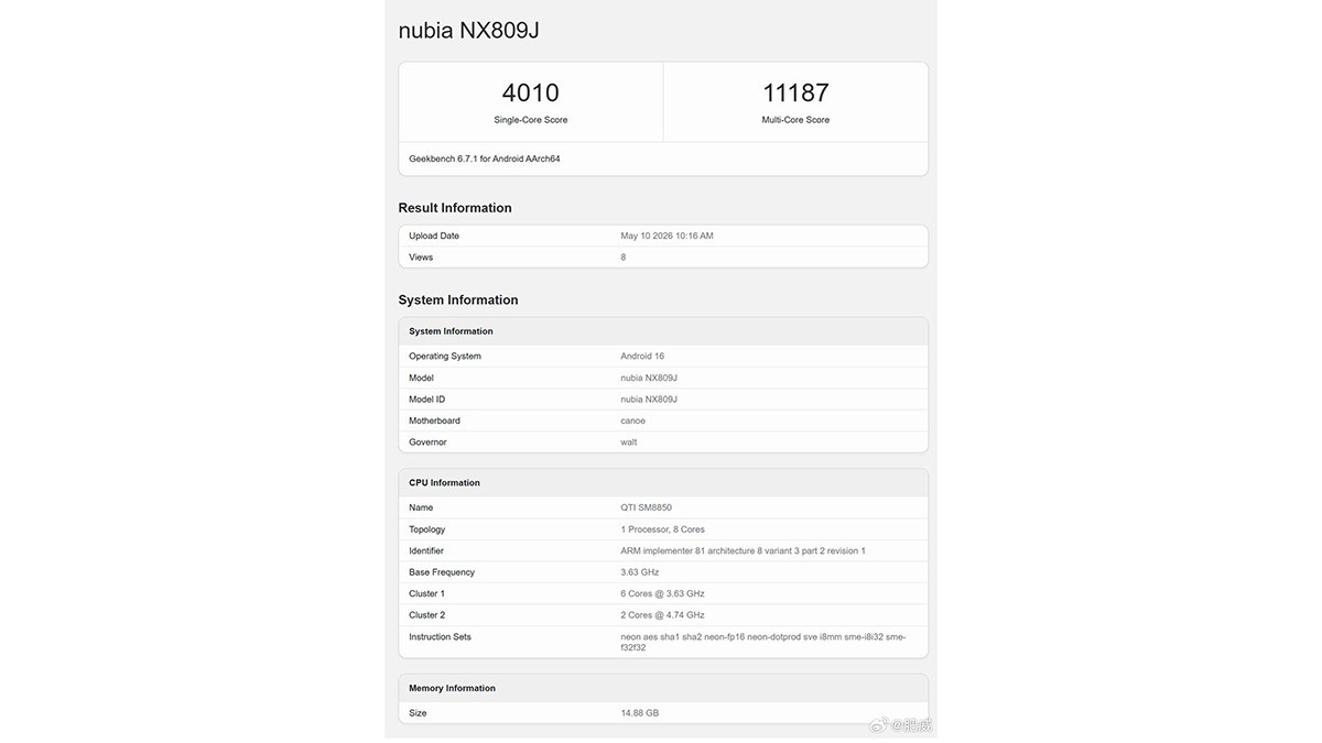 Red Magic 11S Pro+ lộ hiệu suất khủng với điểm đơn nhân ấn tượng trên Geekbench - 1