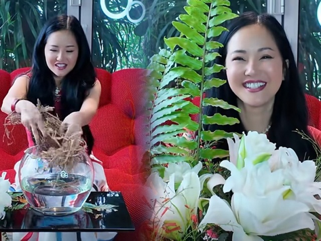 Hồng Nhung cắm bình hoa từ thân cây cà chua khô