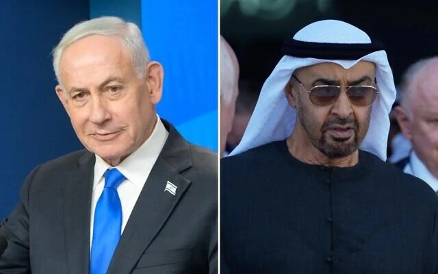 Thủ tướng Benjamin Netanyahu (trái) phát biểu vào ngày 13-5-2026. (Ảnh: Maayan Toaf/GPO). Ông Sheikh Mohammed bin Zayed Al Nahyan, Tổng thống UAE, tại Triển lãm Hàng không Dubai ở Dubai ngày 17-11-2025. (Ảnh: AP)