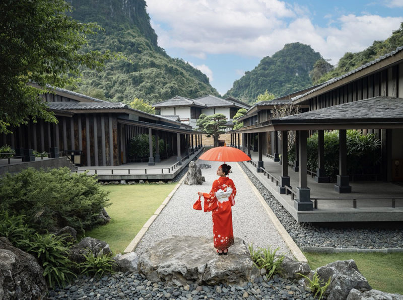 Không gian biệt lập ở Hilton Onsen Quang Hanh được ví như một ngôi làng Nhật Bản thu nhỏ giữa vịnh di sản. Ảnh: Sun Group