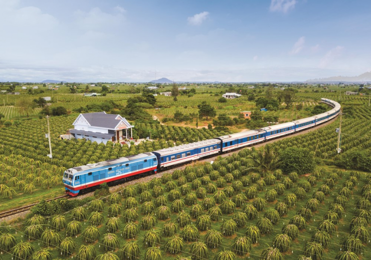Đoàn tàu Thống Nhất di chuyển qua cánh đồng trồng thanh long ở tỉnh Lâm Đồng (khu vực Bình Thuận cũ). Ảnh: Huy Nguyễn.