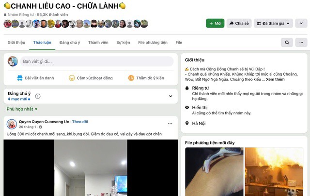Nhóm riêng tư trên Facebook mang tên "Chanh liều cao – chữa lành" với hơn 55.000 thành viên, thường xuyên chia sẻ về phương pháp chữa bệnh bằng chanh muối (ảnh chụp màn hình).