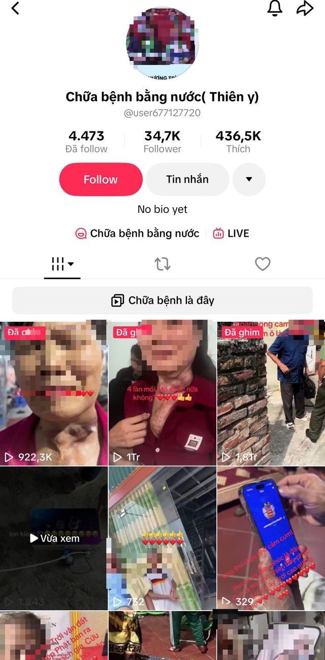 Trên TikTok còn xuất hiện tài khoản "Chữa bệnh bằng nước (Thiên y)" với hàng chục nghìn lượt theo dõi, thường xuyên đăng tải các video quảng bá "chữa bệnh bằng nước". Ảnh chụp màn hình