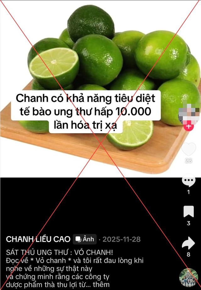 Tuyên bố gây sốc như: "Chanh có khả năng tiêu diệt tế bào ung thư gấp 10.000 lần hóa trị" được tài khoản TikTok "CHANH LIỀU CAO" đăng tải. Ảnh chụp màn hình