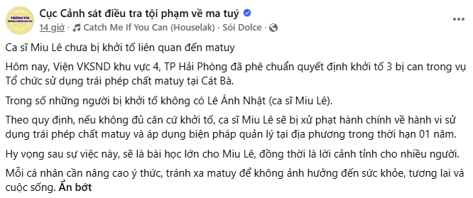 Thông tin về trường hợp ca sĩ Miu Lê được đăng tải trên Trang thông tin chính thức của Cục Cảnh sát điều tra tội phạm về ma túy, Bộ Công an. Ảnh chụp màn hình: ĐV.