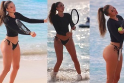 Fan "thẫn thờ" ngắm mỹ nhân tennis Canada diện bikini chơi bóng trên bãi biển