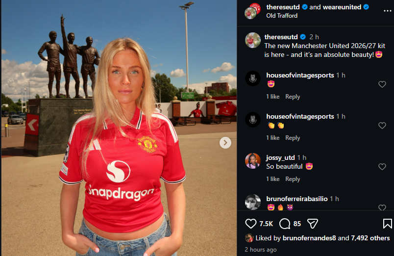 Đội trưởng MU Bruno Fernandes cũng bấm nút like cho bộ ảnh áo MU của&nbsp;Therese Gudmundsen