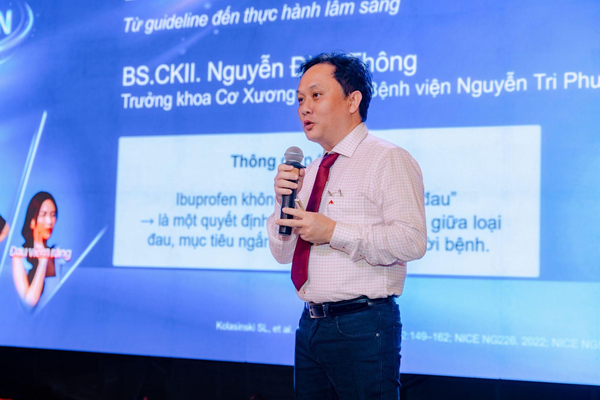 BS.CK2. Nguyễn Đình Thông, Trưởng khoa Nội cơ xương khớp - Bệnh viện Nguyễn Tri Phương, chia sẻ về việc sử dụng sản phẩm có chứa hoạt chất Ibuprofen trong điều trị. Ảnh: Imexpharm