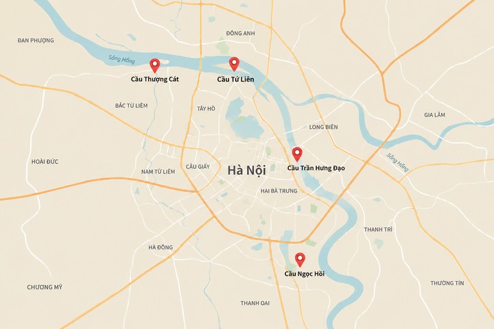Vị trí 4 cây cầu vượt sông Hồng được quy hoạch xây dựng tại nhiều vị trí trọng điểm trên địa bàn Hà Nội.