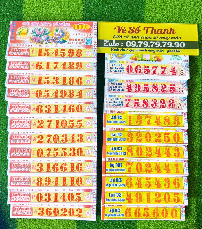 Xổ số miền Nam ngày 17-5 sẽ mở thưởng đối với vé số của 3 đài là Tiền Giang, Kiên Giang và Đà Lạt. Ảnh: ĐLVS Thanh